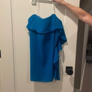 Teal strapless dress with side ruffle